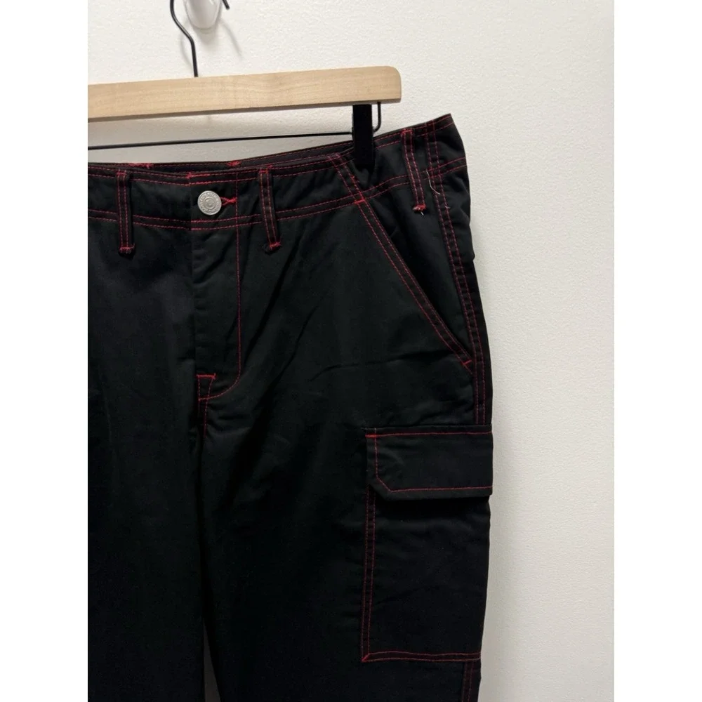 True Religion Mens 32 Black Cargo Pants Red Stitch Wide Leg Y2K Streetwear NWT